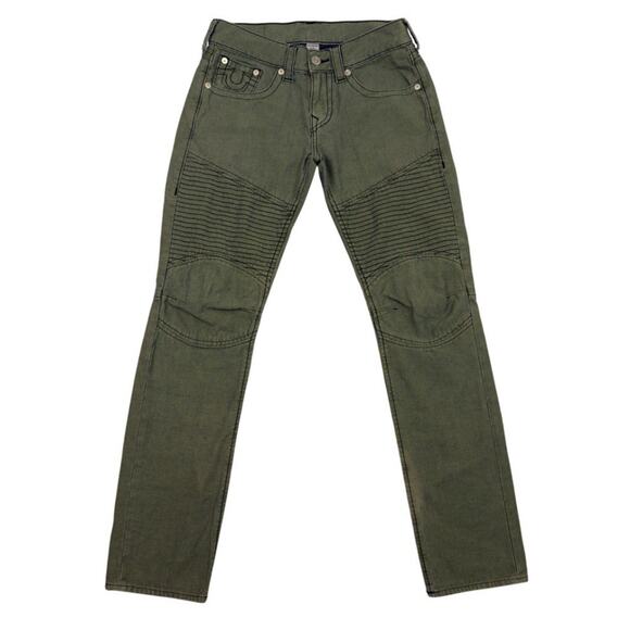 True Religion Slim Moto Jeans Mens 30 Olive Green Biker Style Stretch Denim - Picture 1 of 15